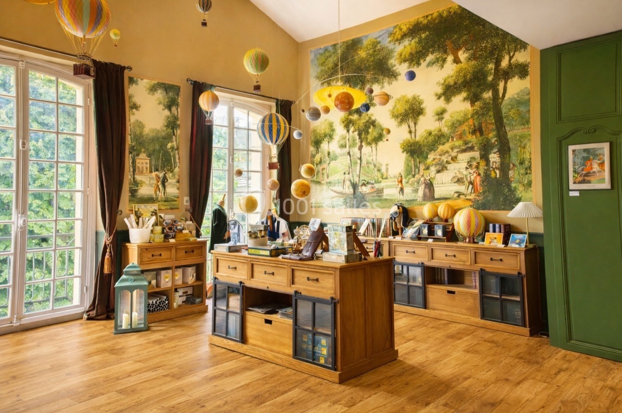 Pièce lumineuse avec meubles en bois, décorations suspendues en forme de montgolfières et fresque murale bucolique.