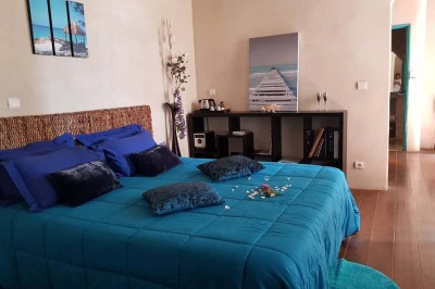 Miniature Location salle Peyrolles-en-Provence (Bouches-du-Rhône) - Presqu'ile de Real Plantain #11 Chambre avec lit recouvert d'un couvre-lit à motif léopard, fauteuil assorti et miroir encadré sur un mur clair.