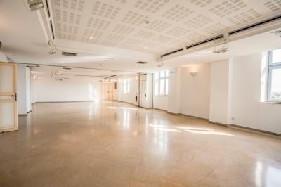 Salle de restaurant lumineuse avec de grandes baies vitrées, des tables dressées et un olivier en pot au centre.