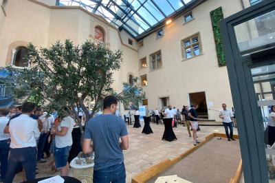 Salle de restaurant lumineuse avec de grandes baies vitrées, des tables dressées et un olivier en pot au centre.