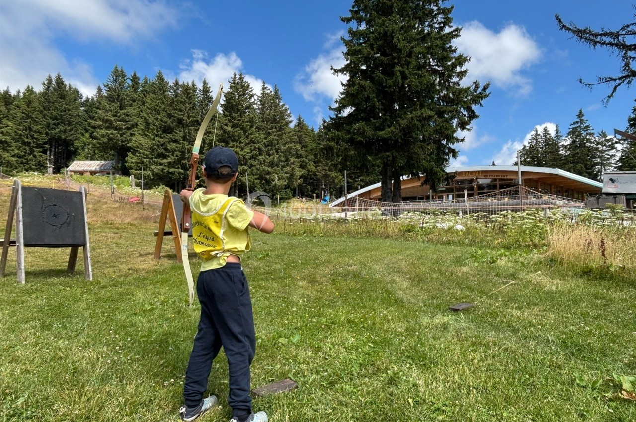 Un enfant tire à l'arc en plein air, devant une cible et un paysage de prairie et de forêt.