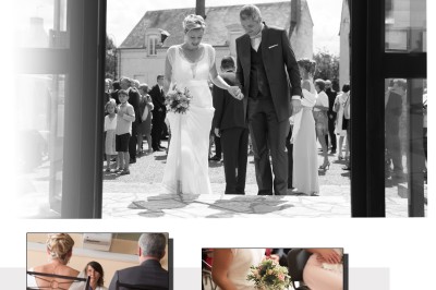 Voiture ancienne décapotable décorée de fleurs pour une cérémonie, stationnée sur une rue pavée.