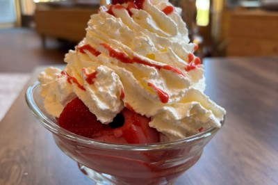 Assiette contenant une tranche de viande saignante, purée de pommes de terre et carottes glacées, nappée de sauce.