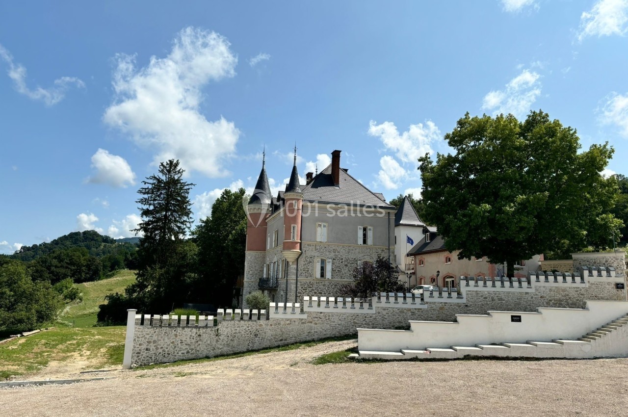 Château en pierre avec tours et façade rose, entouré de verdure sous un ciel bleu clair.