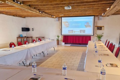 Chambre avec lit double, poutres apparentes, éclairage doux, murs décorés et mobilier blanc.