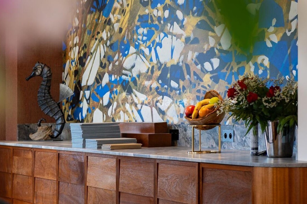 Buffet en bois surmonté de livres, fruits, fleurs et décoré d'une sculpture de hippocampe devant un mur coloré.