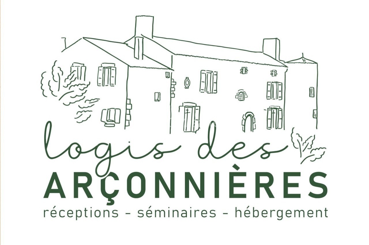 Illustration d'un bâtiment ancien avec le texte ’Logis des Arçonnières, réceptions, séminaires, hébergement’.