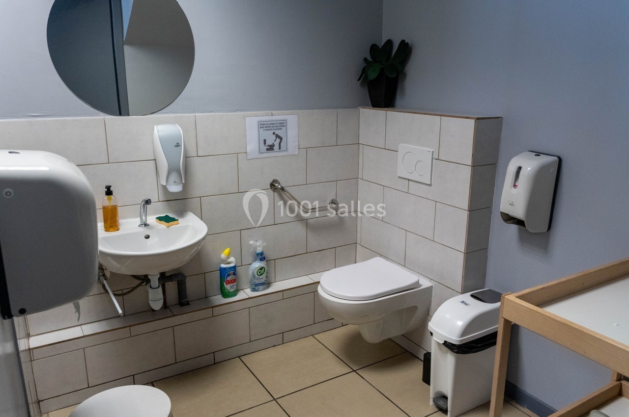 Toilettes accessibles avec lavabo, barre d'appui, distributeurs de savon et papier, et miroir rond.