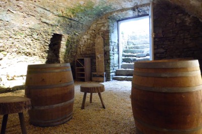 Cave voûtée en pierre avec tonneaux en bois, tabourets rustiques et escalier menant à l'extérieur.