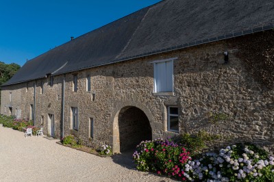 Cave voûtée en pierre avec tonneaux en bois, tabourets rustiques et escalier menant à l'extérieur.