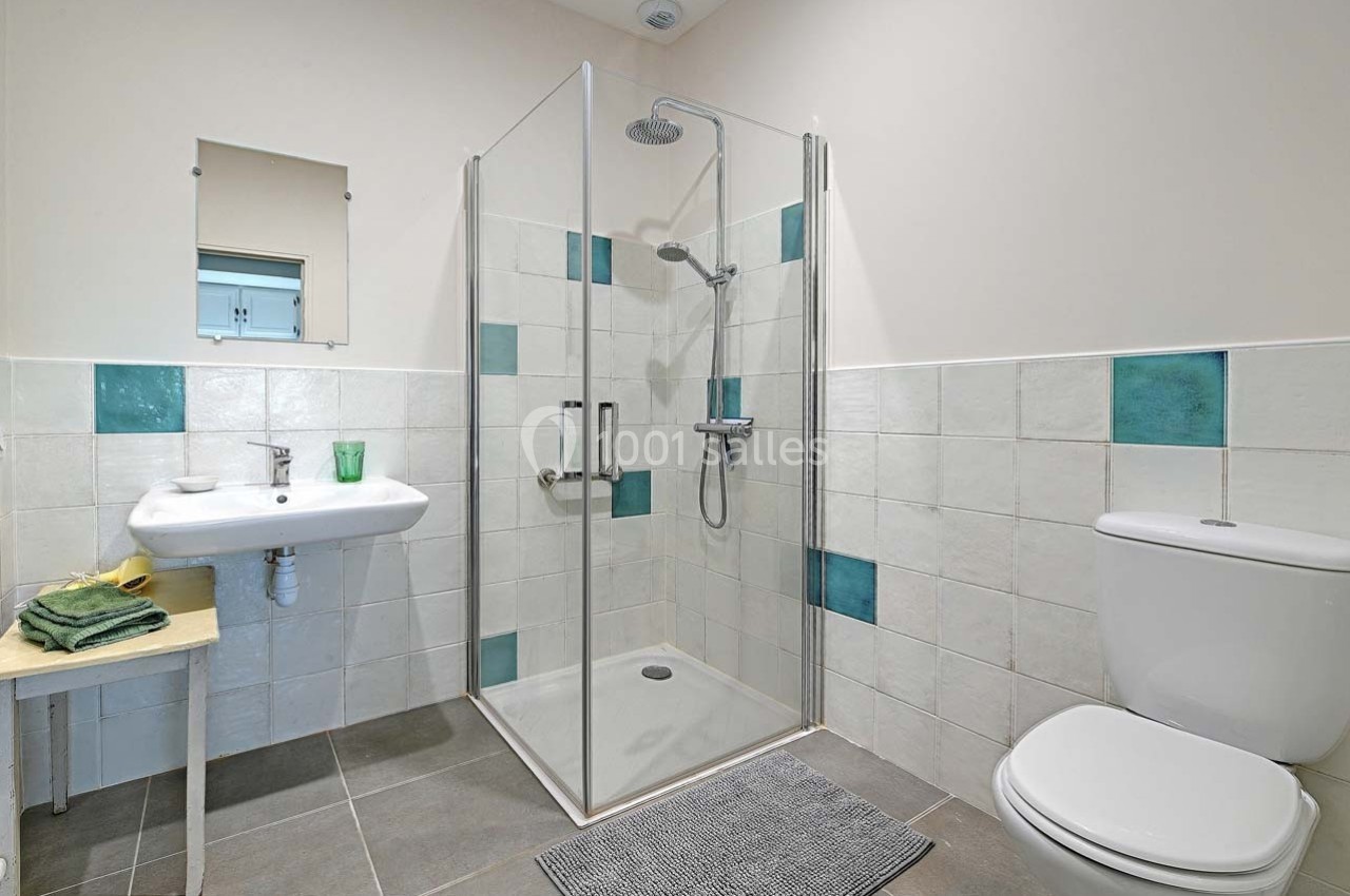 Salle de bain avec douche à l'italienne, lavabo, miroir, toilettes et carrelage blanc et turquoise.
