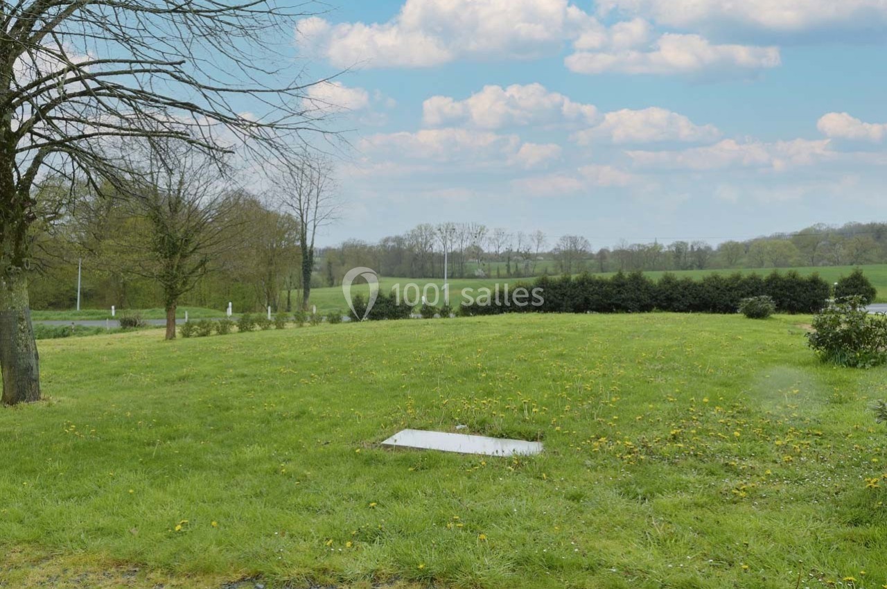 Une pelouse verte parsemée de pissenlits, entourée d'arbres et d'arbustes sous un ciel partiellement nuageux.