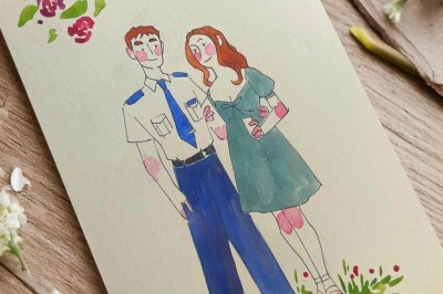 Illustration peinte à la main représentant un homme et deux enfants dans un style artistique, avec des noms et une date…