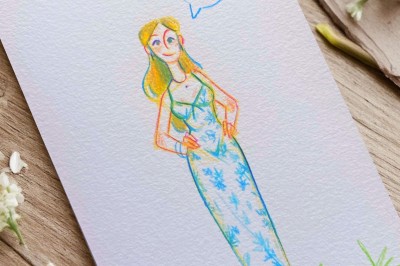 Illustration peinte à la main représentant un homme et deux enfants dans un style artistique, avec des noms et une date…