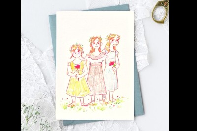 Illustration peinte à la main représentant un homme et deux enfants dans un style artistique, avec des noms et une date…