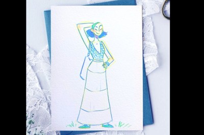 Illustration peinte à la main représentant un homme et deux enfants dans un style artistique, avec des noms et une date…