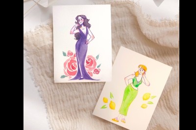 Illustration peinte à la main représentant un homme et deux enfants dans un style artistique, avec des noms et une date…