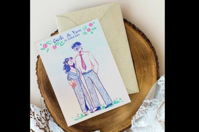 Illustration peinte à la main représentant un homme et deux enfants dans un style artistique, avec des noms et une date…