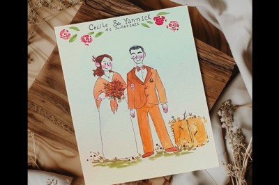 Illustration peinte à la main représentant un homme et deux enfants dans un style artistique, avec des noms et une date…