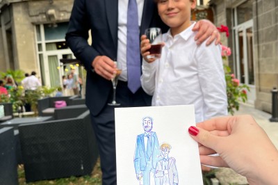 Illustration peinte à la main représentant un homme et deux enfants dans un style artistique, avec des noms et une date…