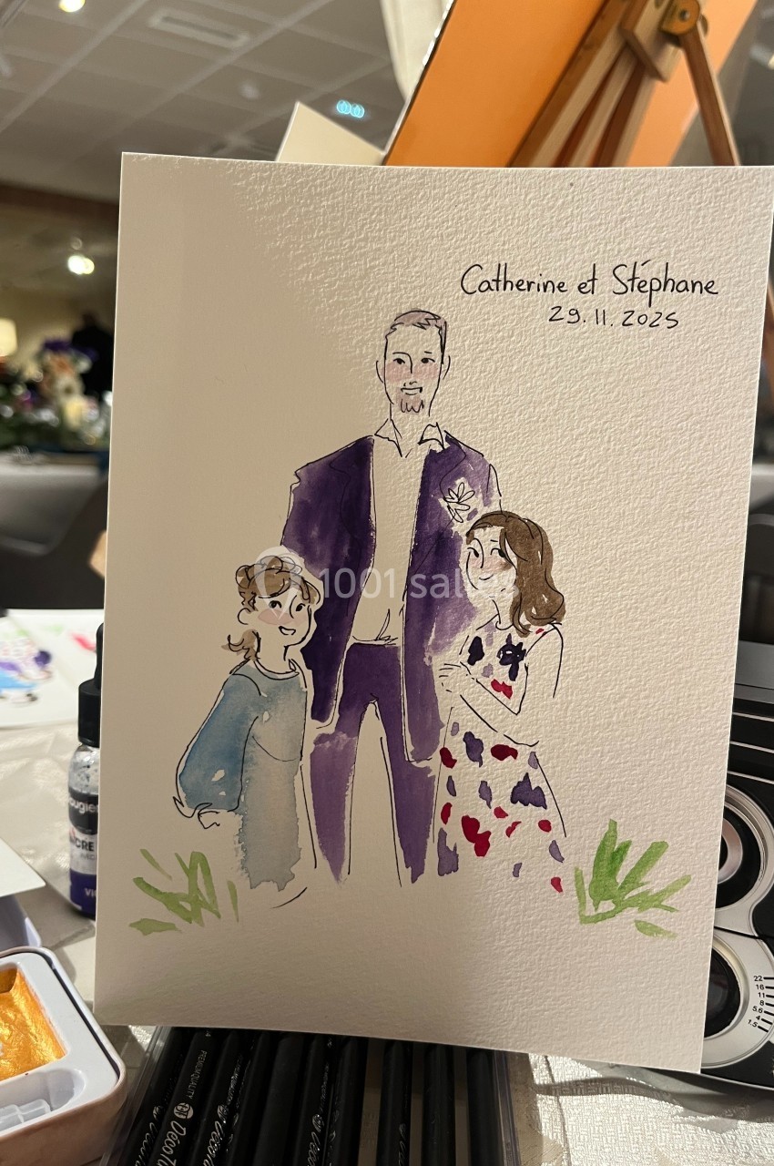 Illustration peinte à la main représentant un homme et deux enfants dans un style artistique, avec des noms et une date…