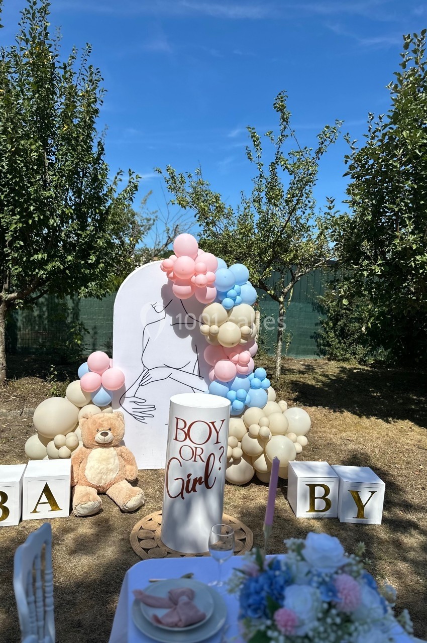 Décoration de fête en extérieur avec ballons roses et bleus, peluche et cubes formant le mot ’BABY’.