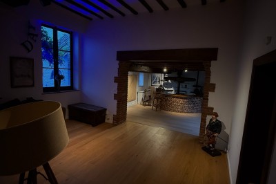 Vue d'un intérieur avec un espace ouvert, un bar en briques, un parquet clair et une mezzanine avec rambarde blanche.