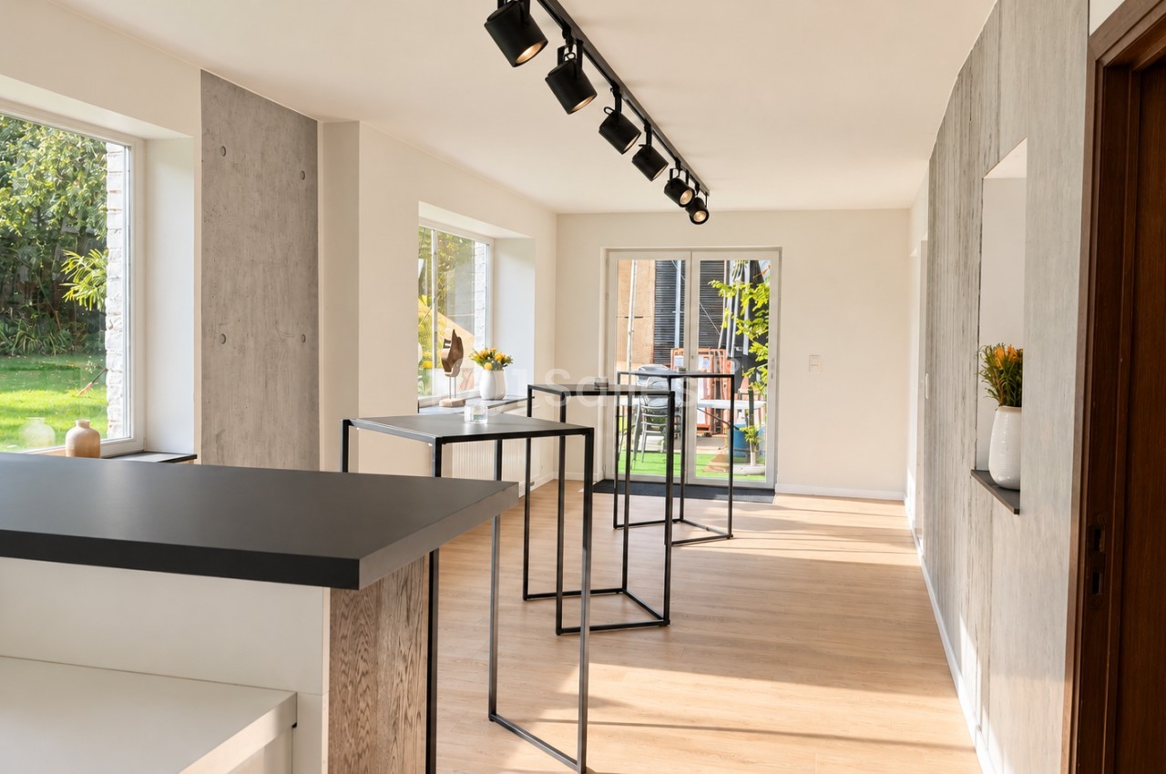 Intérieur lumineux et épuré : plan de travail sombre à gauche, trois tables hautes en métal noir alignées sur un parquet clair, et baies vitrées ouvrant sur un jardin.