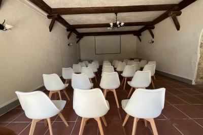 Porte-fenêtre vitrée blanche encadrée de pierre, avec une plante grimpante et une jardinière en pierre à droite.
