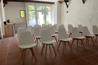 Porte-fenêtre vitrée blanche encadrée de pierre, avec une plante grimpante et une jardinière en pierre à droite.