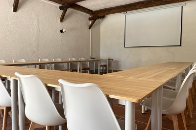 Porte-fenêtre vitrée blanche encadrée de pierre, avec une plante grimpante et une jardinière en pierre à droite.