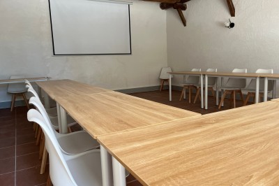 Porte-fenêtre vitrée blanche encadrée de pierre, avec une plante grimpante et une jardinière en pierre à droite.