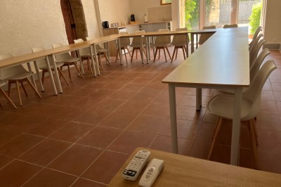 Porte-fenêtre vitrée blanche encadrée de pierre, avec une plante grimpante et une jardinière en pierre à droite.