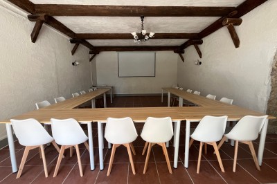 Porte-fenêtre vitrée blanche encadrée de pierre, avec une plante grimpante et une jardinière en pierre à droite.