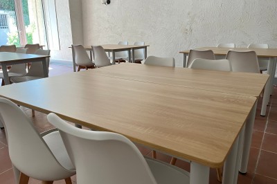 Porte-fenêtre vitrée blanche encadrée de pierre, avec une plante grimpante et une jardinière en pierre à droite.