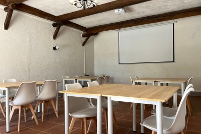 Porte-fenêtre vitrée blanche encadrée de pierre, avec une plante grimpante et une jardinière en pierre à droite.
