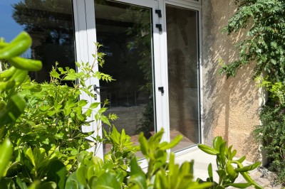 Porte-fenêtre vitrée blanche encadrée de pierre, avec une plante grimpante et une jardinière en pierre à droite.