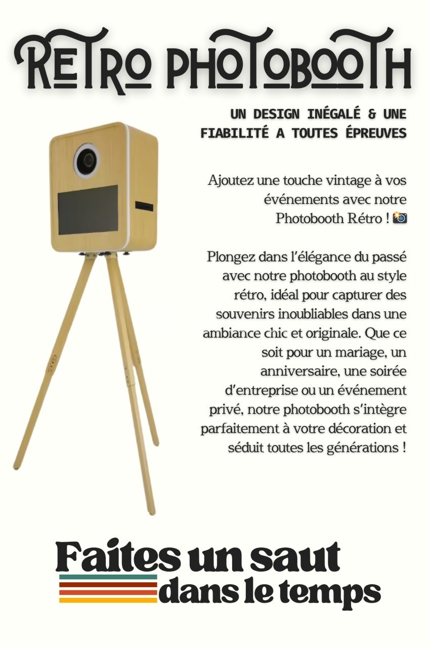 Une borne photo rétro en bois sur trépied, avec objectif et écran, mise en avant pour des événements festifs.
