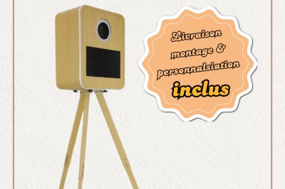 Borne photo interactive avec écran tactile, éclairage LED vert et options de filtres affichées sur l'écran.