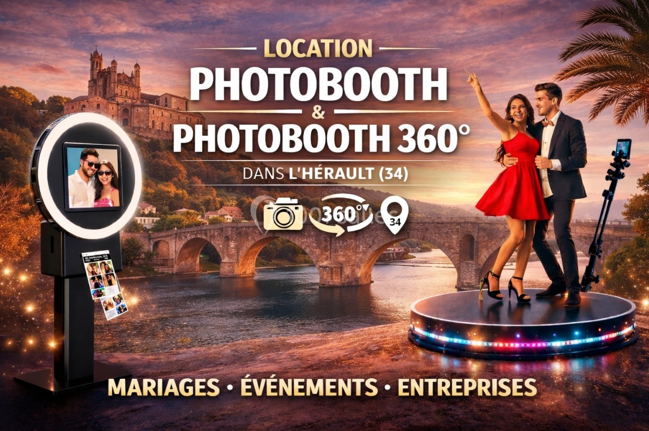 Photobooth et photobooth 360° en location dans l'Hérault, avec un couple posant devant un pont historique.