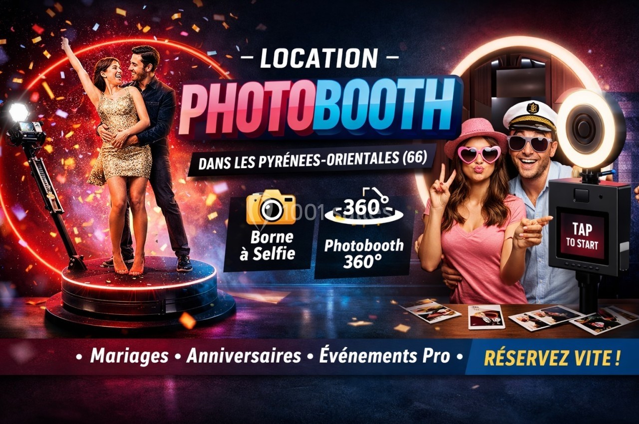 Deux personnes posent sur une borne photo, avec accessoires festifs, et une mention de location de photobooth.