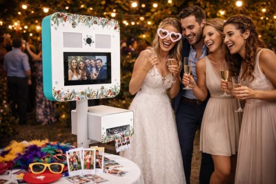 Photobooth noir au design minimaliste sur pied, avec un écran et un objectif intégré, présenté sur fond sombre et texturé.