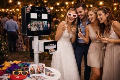 Photobooth noir au design minimaliste sur pied, avec un écran et un objectif intégré, présenté sur fond sombre et texturé.