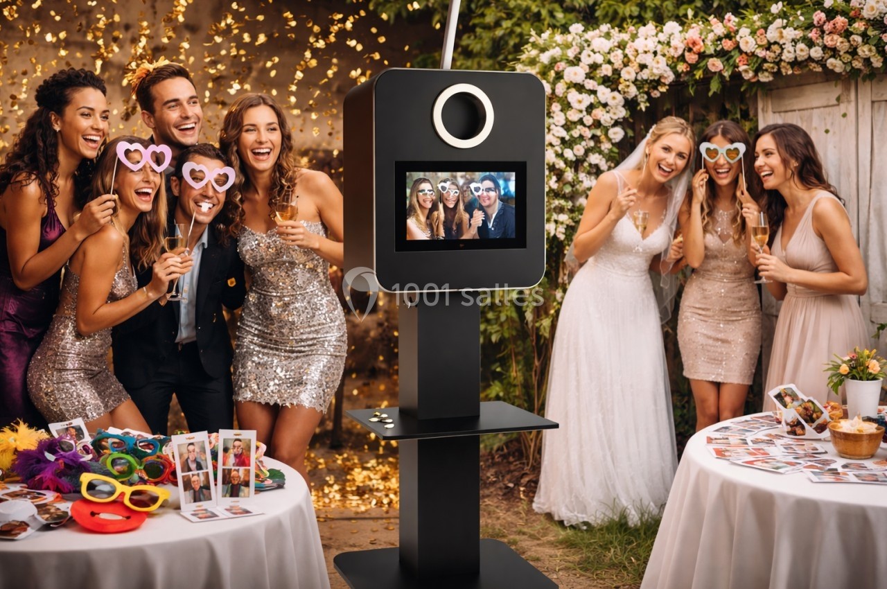 Des personnes souriantes posent devant une borne photo lors d'une fête, entourées de décorations festives et d'accessoires.