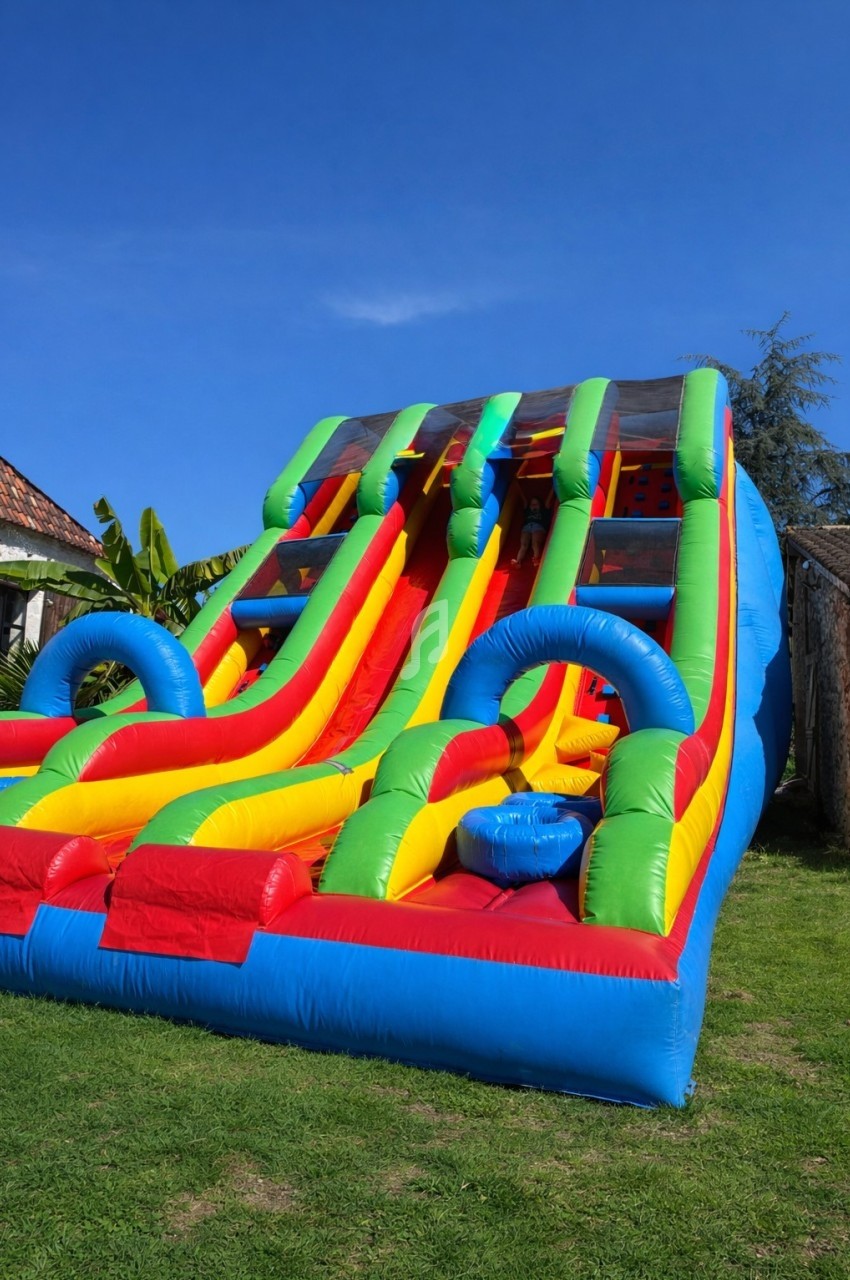 Structure gonflable colorée avec plusieurs toboggans et tunnels, installée sur une pelouse par temps ensoleillé.