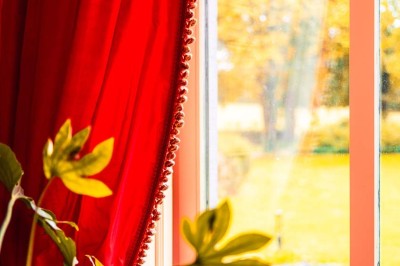 Bâtiment moderne en bois noir avec toit en pente, entouré d'arbres et d'un sol couvert de feuilles d'automne.