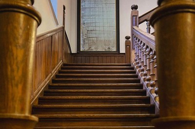 Bâtiment moderne en bois noir avec toit en pente, entouré d'arbres et d'un sol couvert de feuilles d'automne.