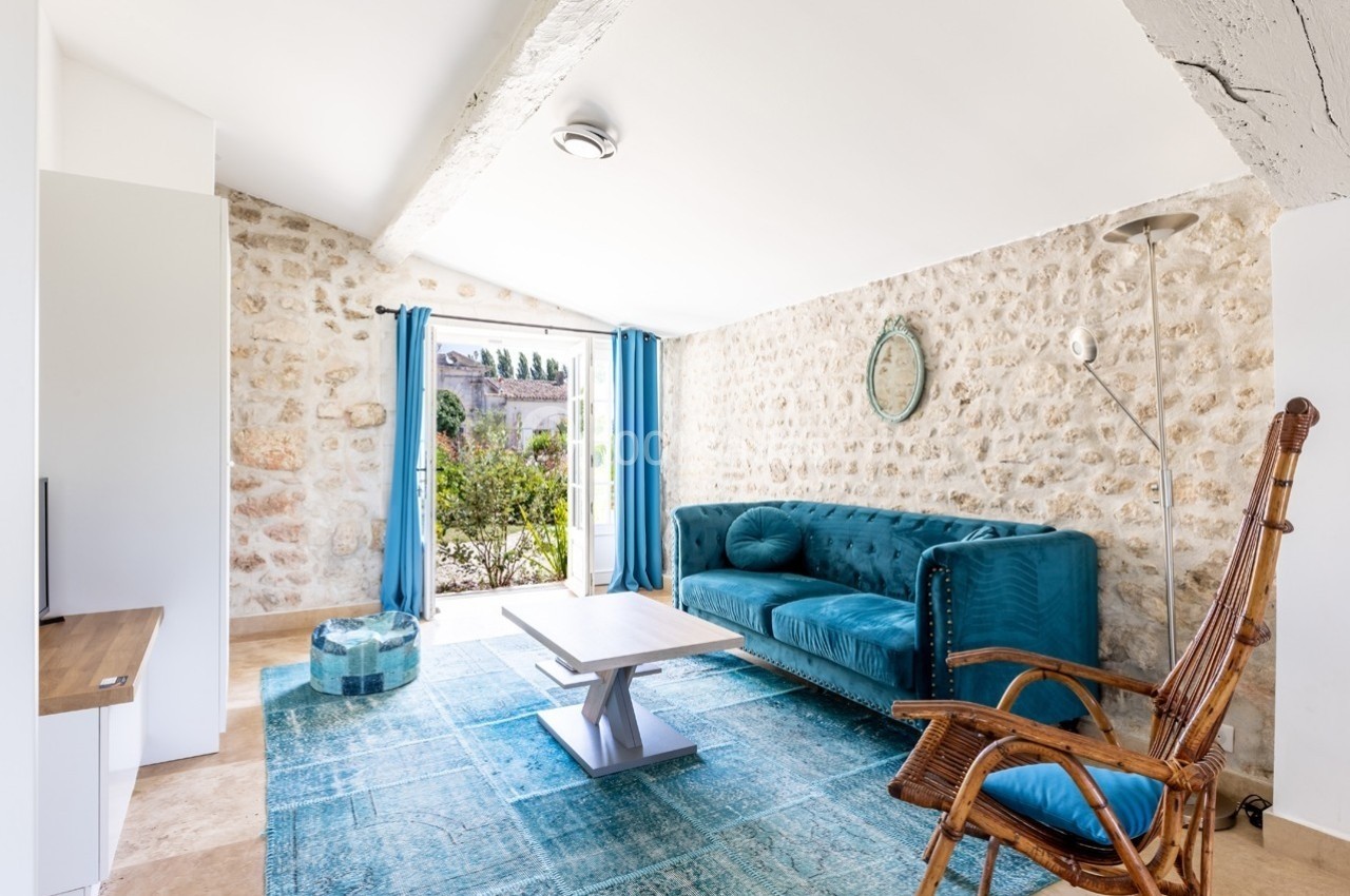 Salon lumineux avec murs en pierre, canapé bleu, tapis assorti, fauteuil en osier et vue sur un jardin verdoyant.