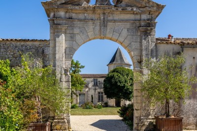 Vieille brouette en bois devant un mur en pierre et une porte en bois usée, sous un ciel dégagé.