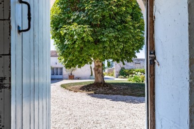 Vieille brouette en bois devant un mur en pierre et une porte en bois usée, sous un ciel dégagé.